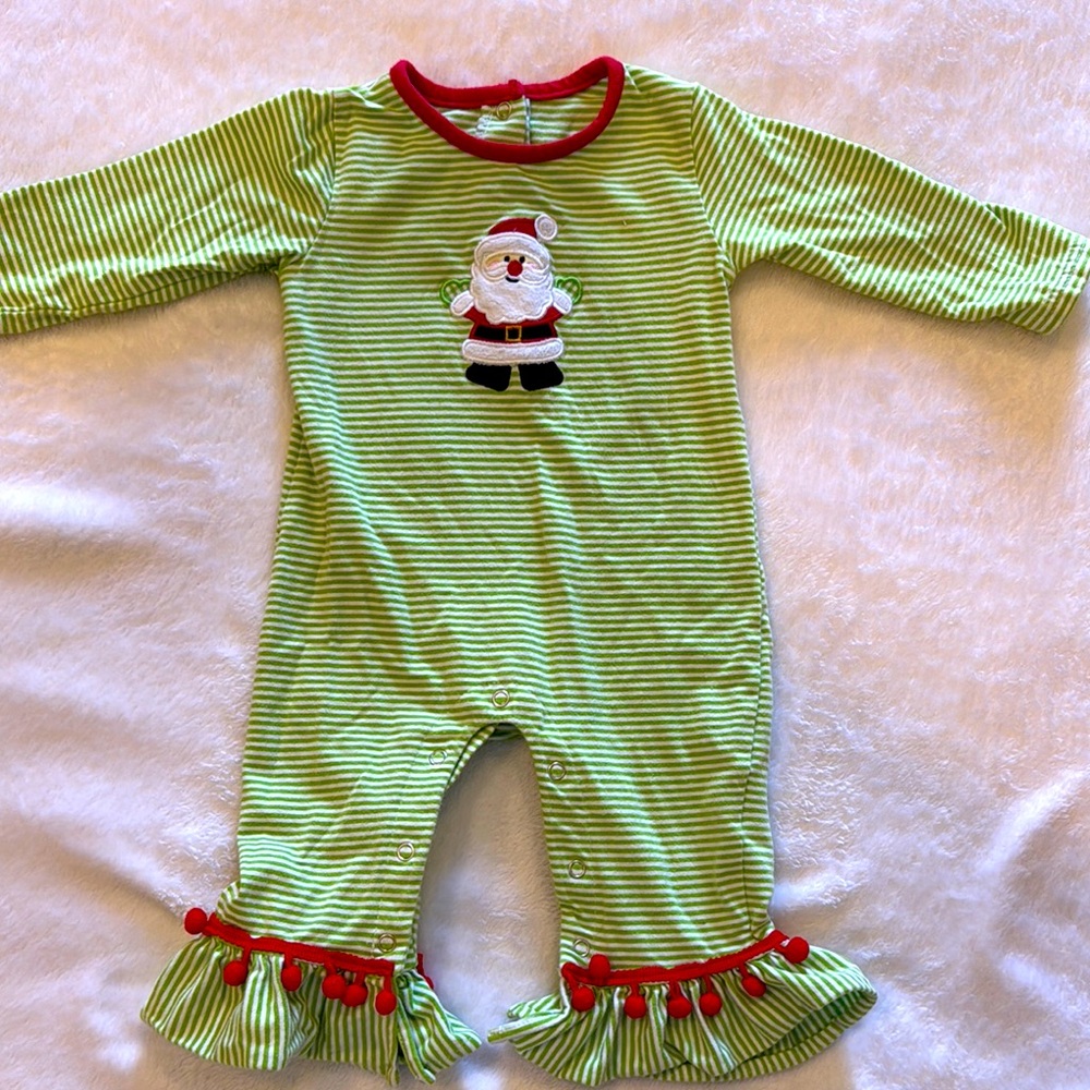 Green Striped Kids One Piece with Santa Design